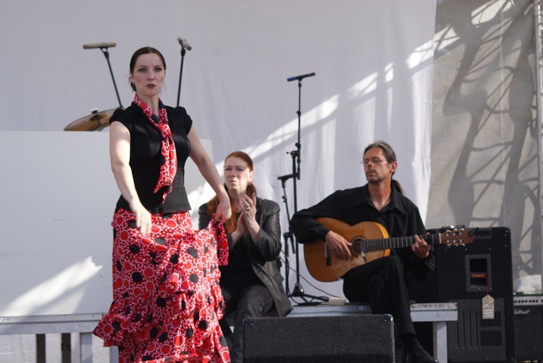 Flamencotänzerin in Bewegung mit Gitarrenbegleitung